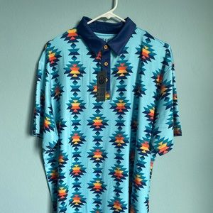 NWT Pins & Aces Southwest Sunset Print Blue Orange Golf Polo Shirt Size XXL